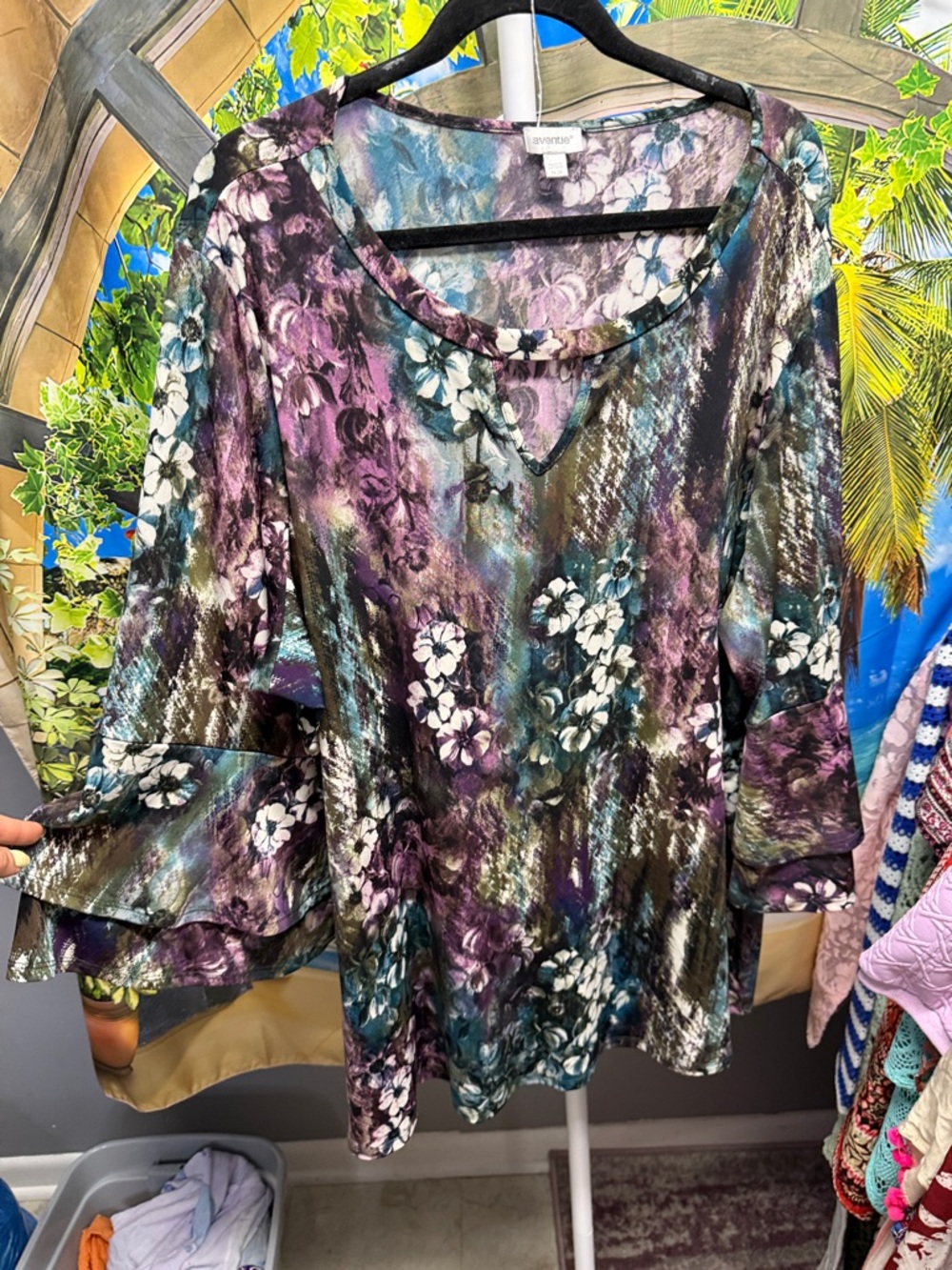 Avenue Purple Teal Floral Ruffle-Sleeve Blouse